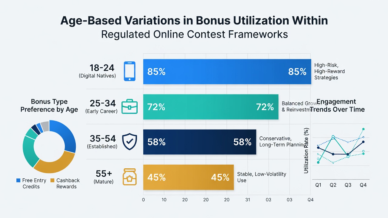 Infographic illustrating redemption timelines and bonus layering across different age segments in multi-state contest systems