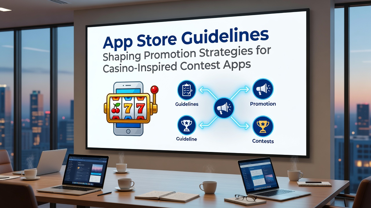 Developers reviewing App Store guidelines on a tablet while planning casino-inspired contest app features