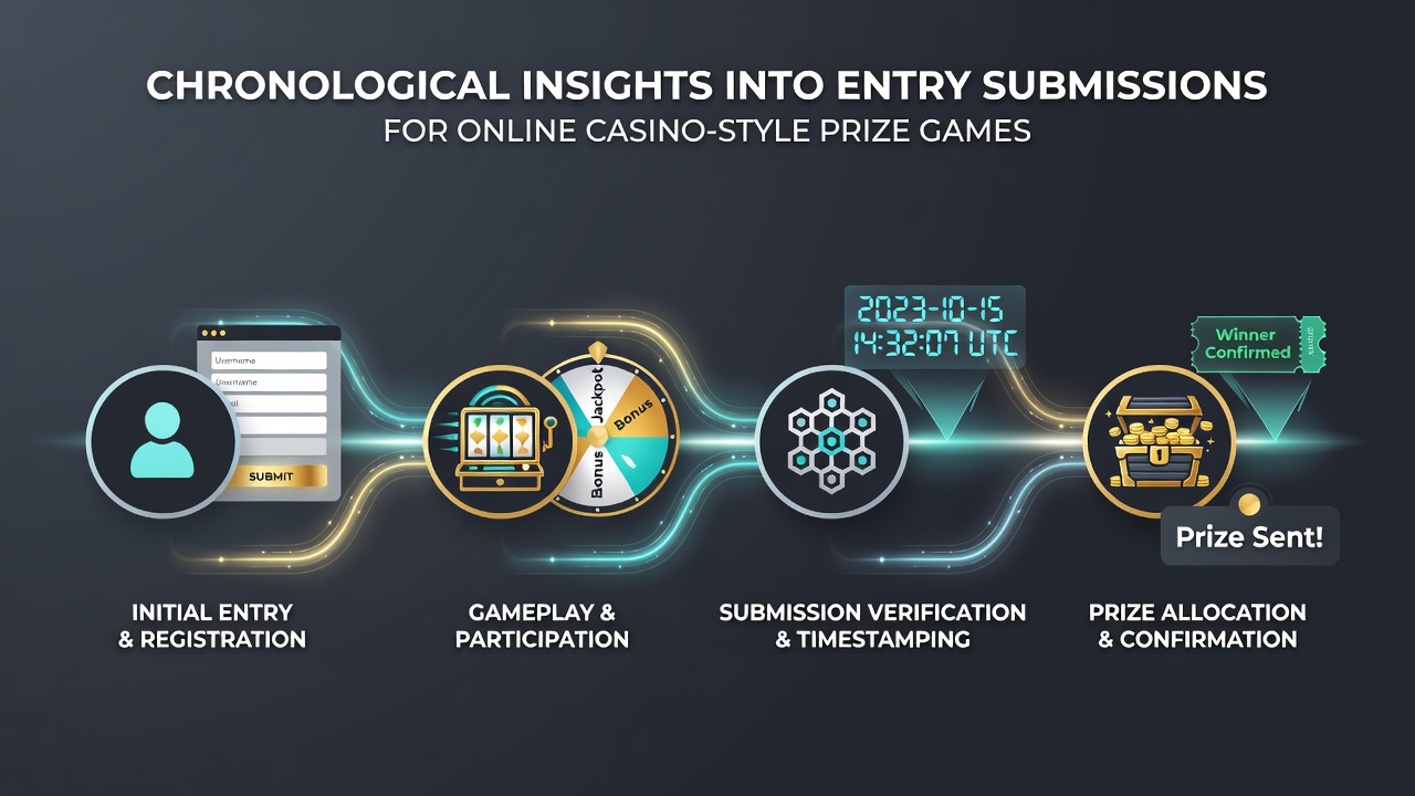 Timeline graphic showing evolution of entry submission methods in online prize games from mail-in to digital platforms
