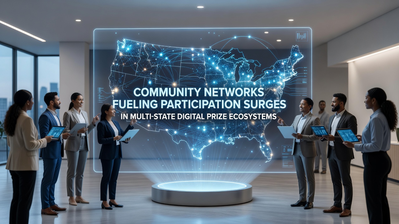 Illustration of interconnected digital community networks spanning multiple states with icons representing user interactions in prize ecosystems