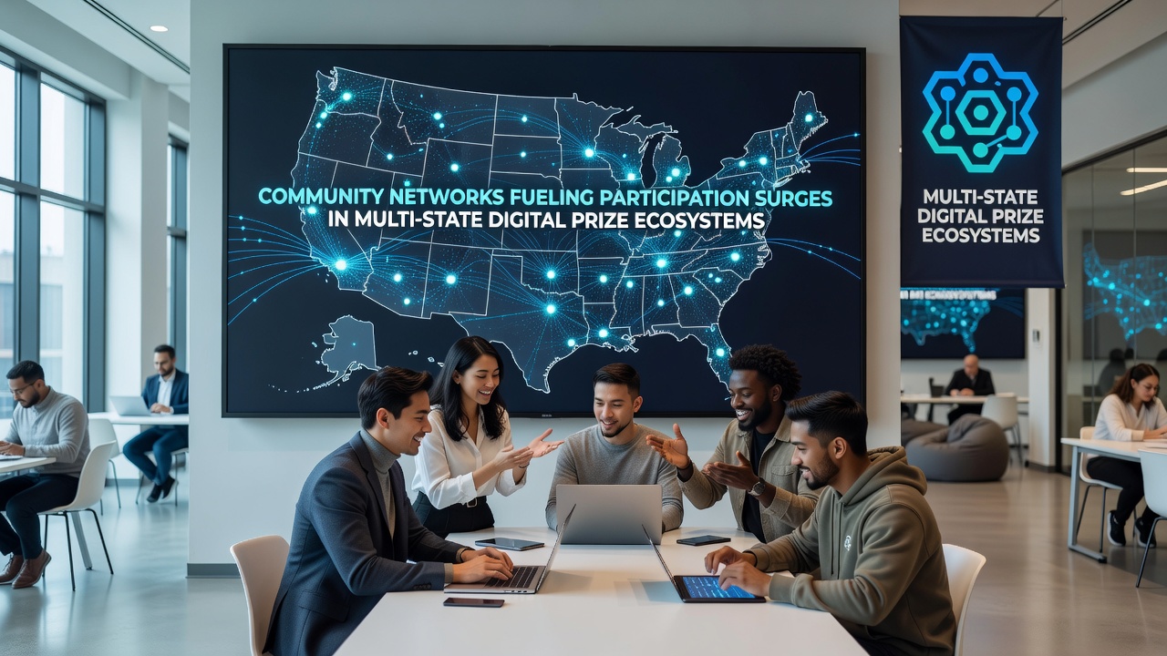 Graph and map showing participation growth across states driven by community network activity in digital prize platforms