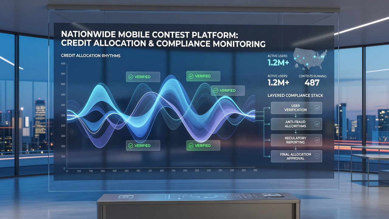 Illustration of layered compliance checks across multiple states in a mobile contest network