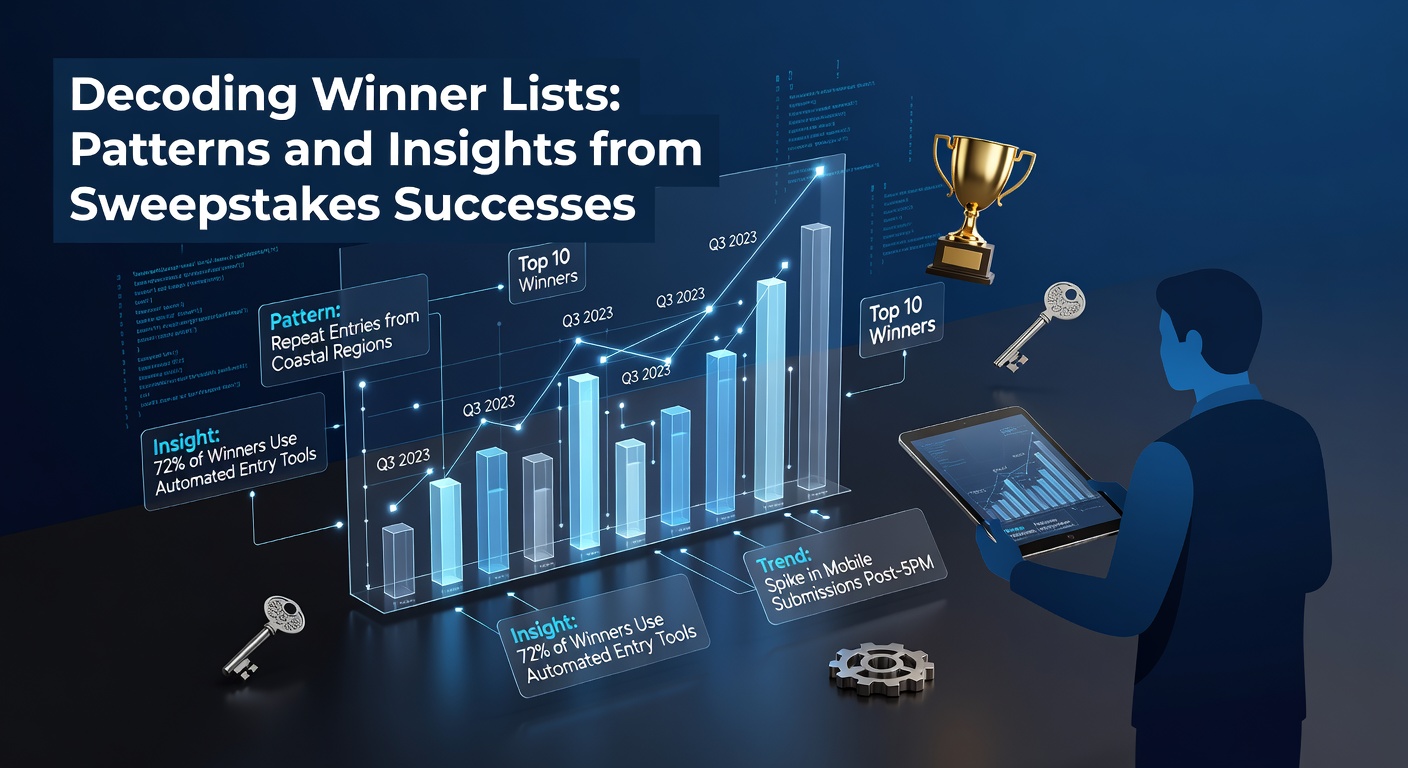 A detailed screenshot of a sweepstakes winner list displaying names, locations, and prize amounts, with highlighted patterns in geographic clustering