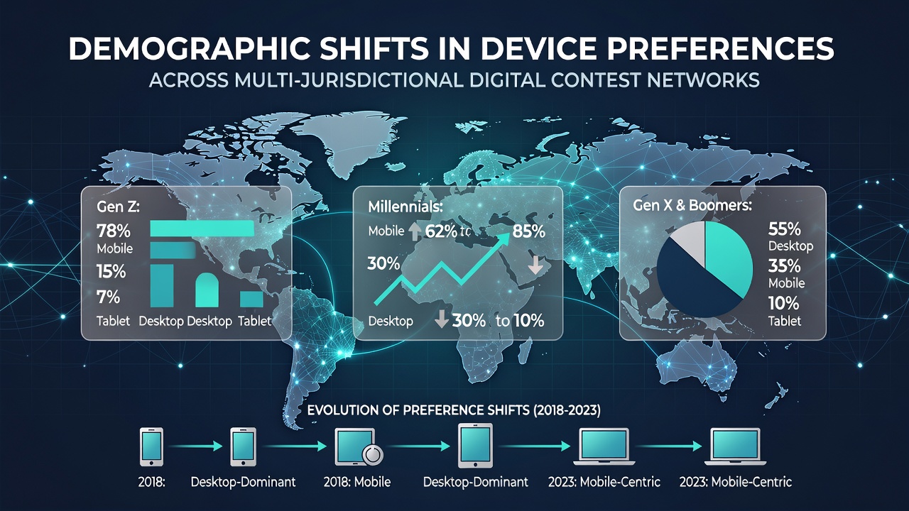 Diverse users engaging with digital contest platforms on smartphones and tablets in various locations