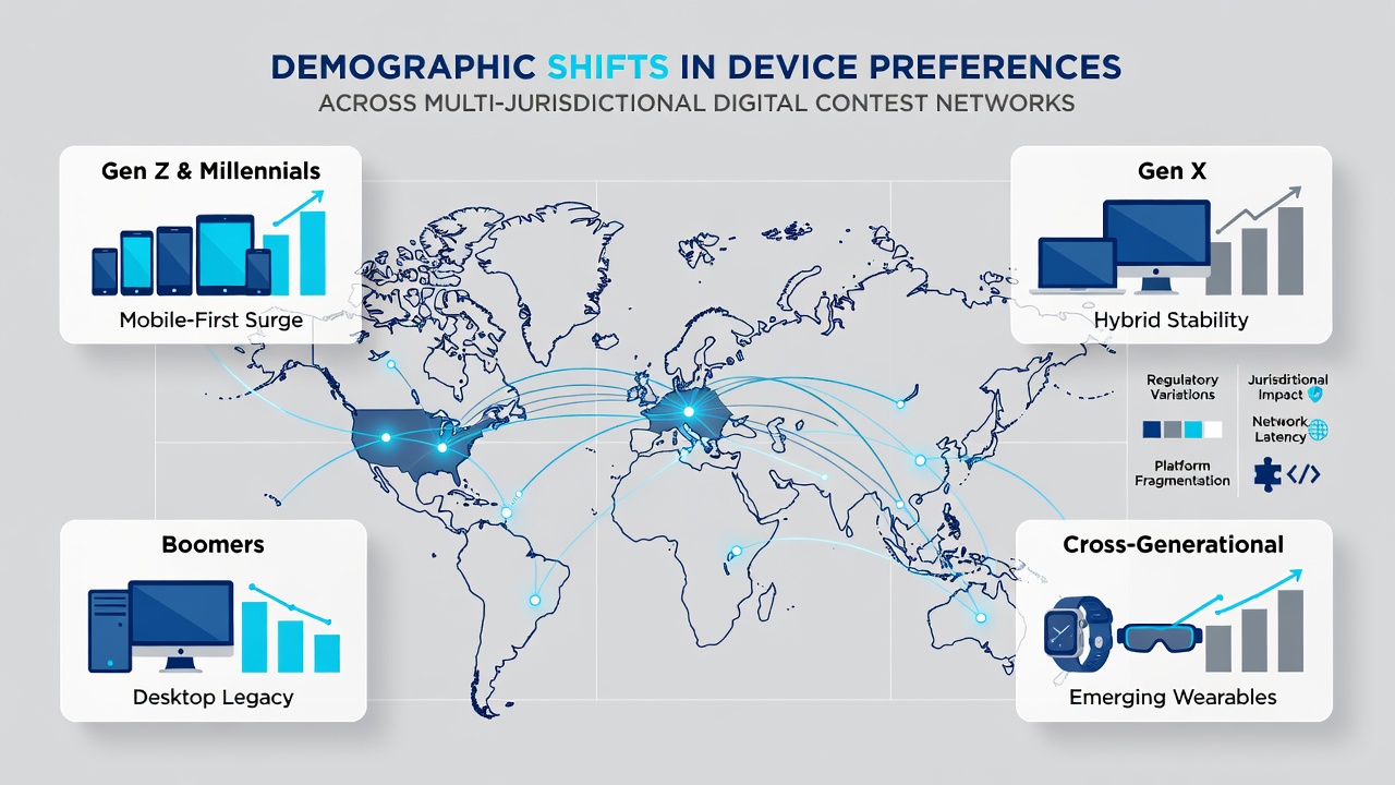 Analytics dashboard displaying device preference trends across different regions and age groups in digital contest networks