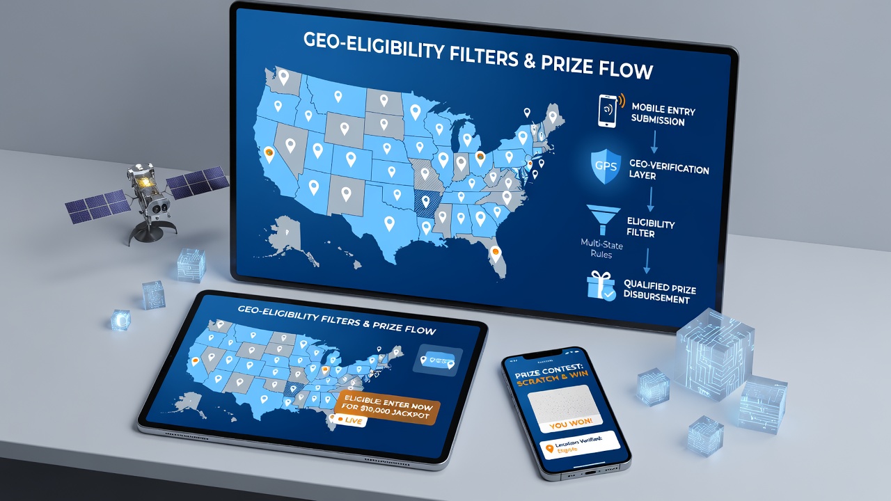 Mobile device screen showing cross-state eligibility verification during a prize contest session