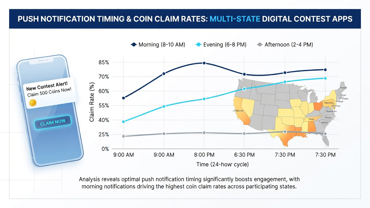 Graph comparing coin claim rates by notification send time across Eastern, Central, Mountain, and Pacific time zones