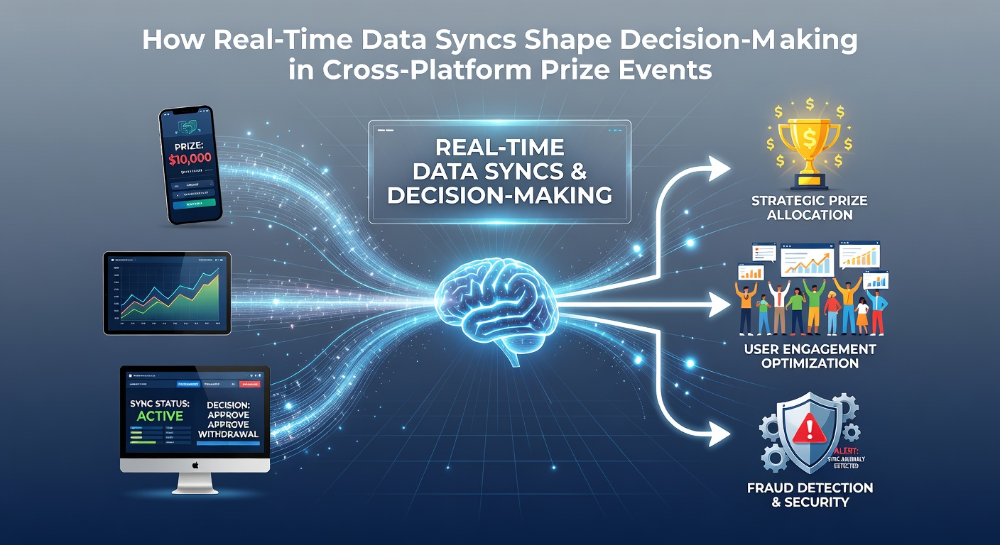 Illustration of real-time data synchronization across multiple prize event platforms showing connected devices and live updates