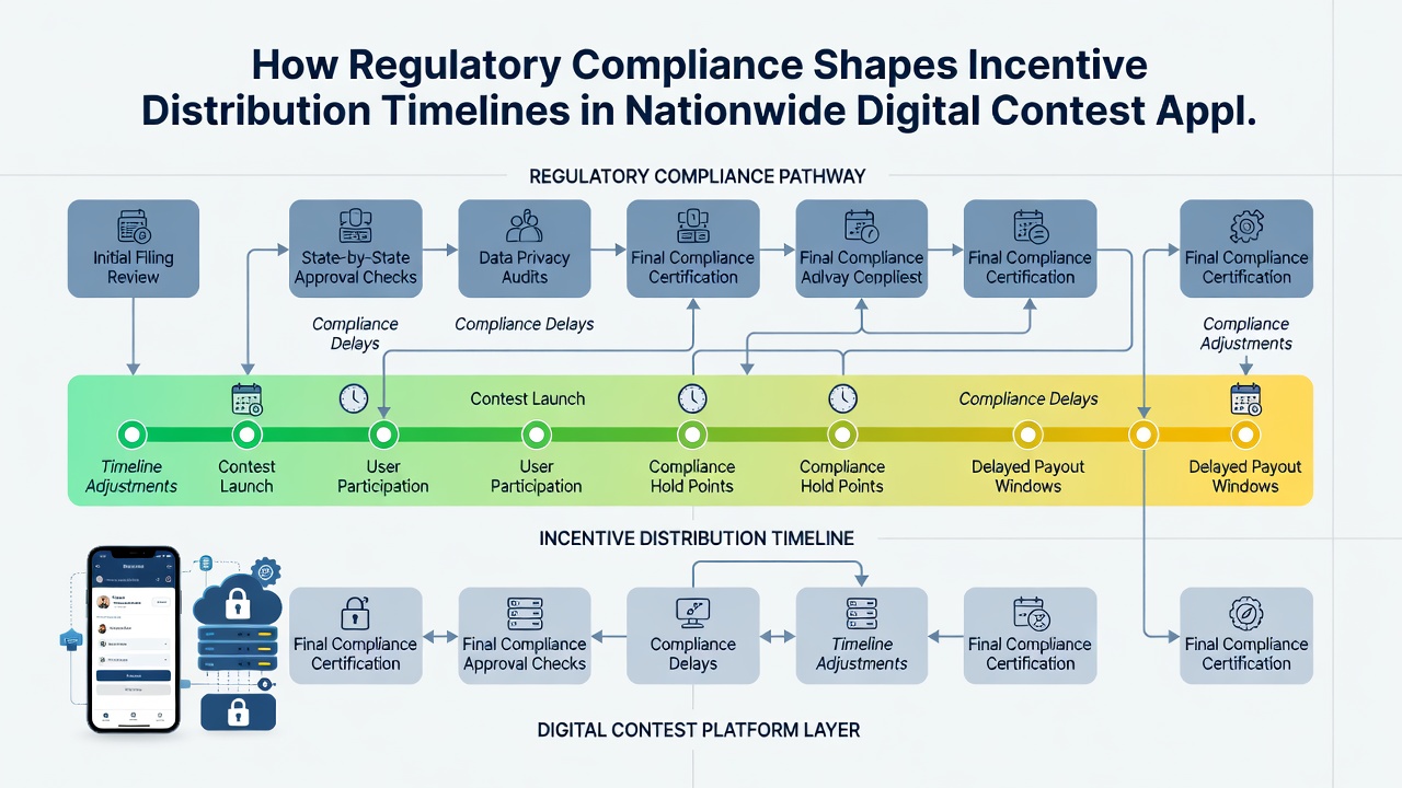 Flowchart illustrating multi-state tax and compliance checkpoints affecting prize release schedules