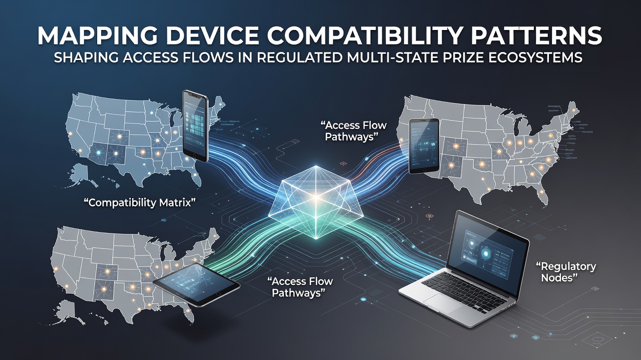 Diagram showing device compatibility layers across multiple state jurisdictions in prize platform ecosystems