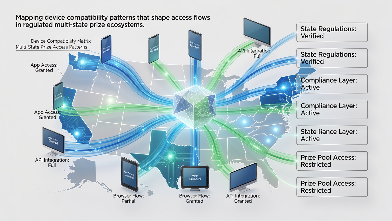 Flowchart illustrating how device fingerprints route through multi-state verification systems before granting prize access