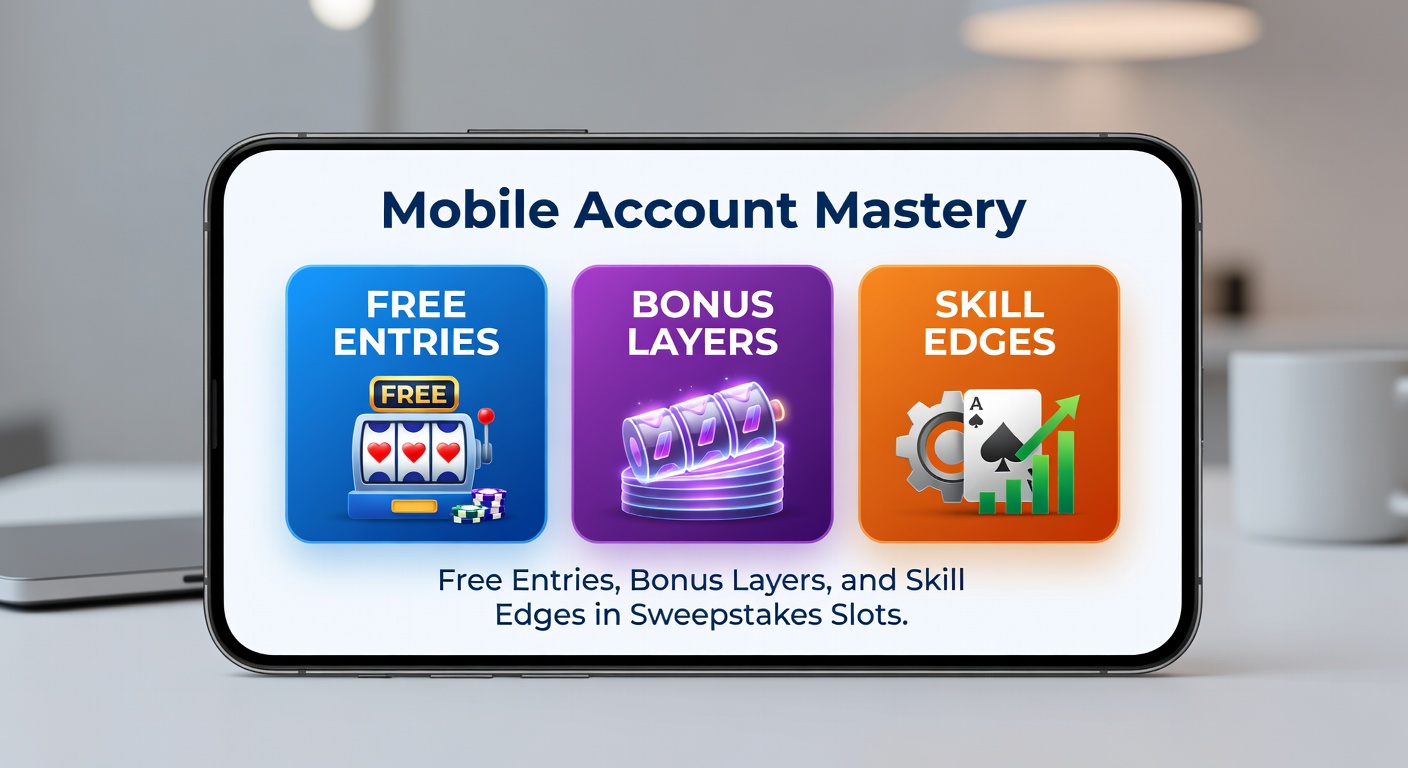 Mobile device screen showing a sweepstakes slots app dashboard with free entry counters, bonus meters, and account balance displays