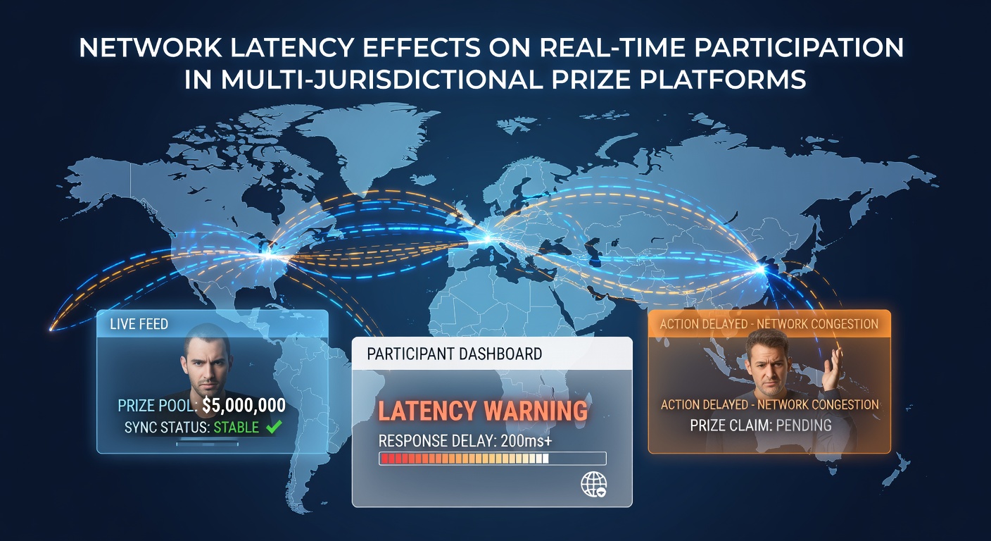 Illustration of network signals traveling between servers across state lines during a prize contest event