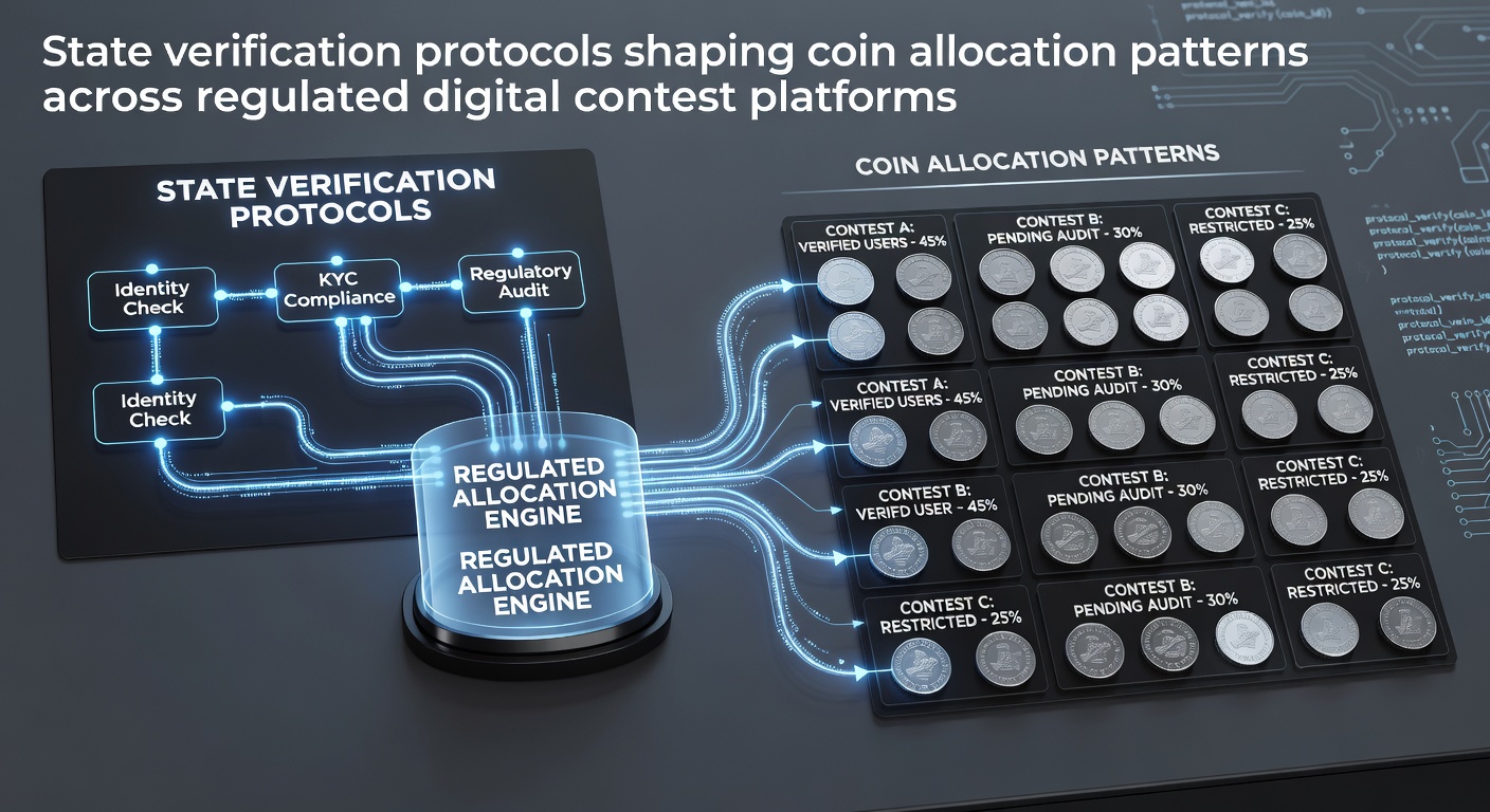 Diagram showing state verification checkpoints and coin allocation flows in digital contest platforms