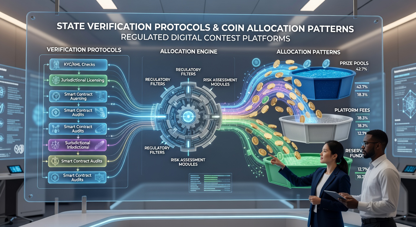 Flowchart of geolocation and identity checks influencing coin distribution across multiple states