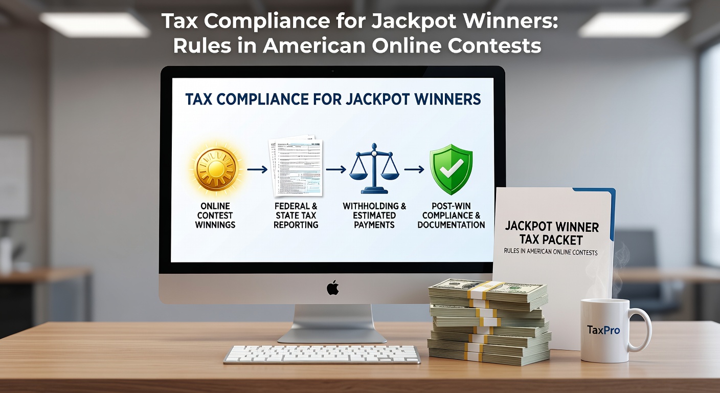 A digital jackpot screen glowing with prize notifications alongside IRS tax forms, illustrating the intersection of online wins and tax obligations