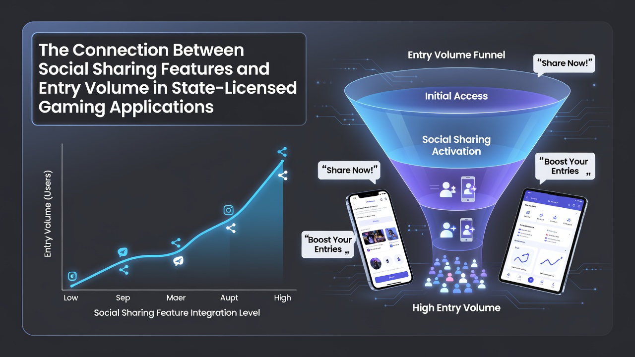 Social sharing buttons integrated into a state-licensed gaming app interface showing referral options and entry counters