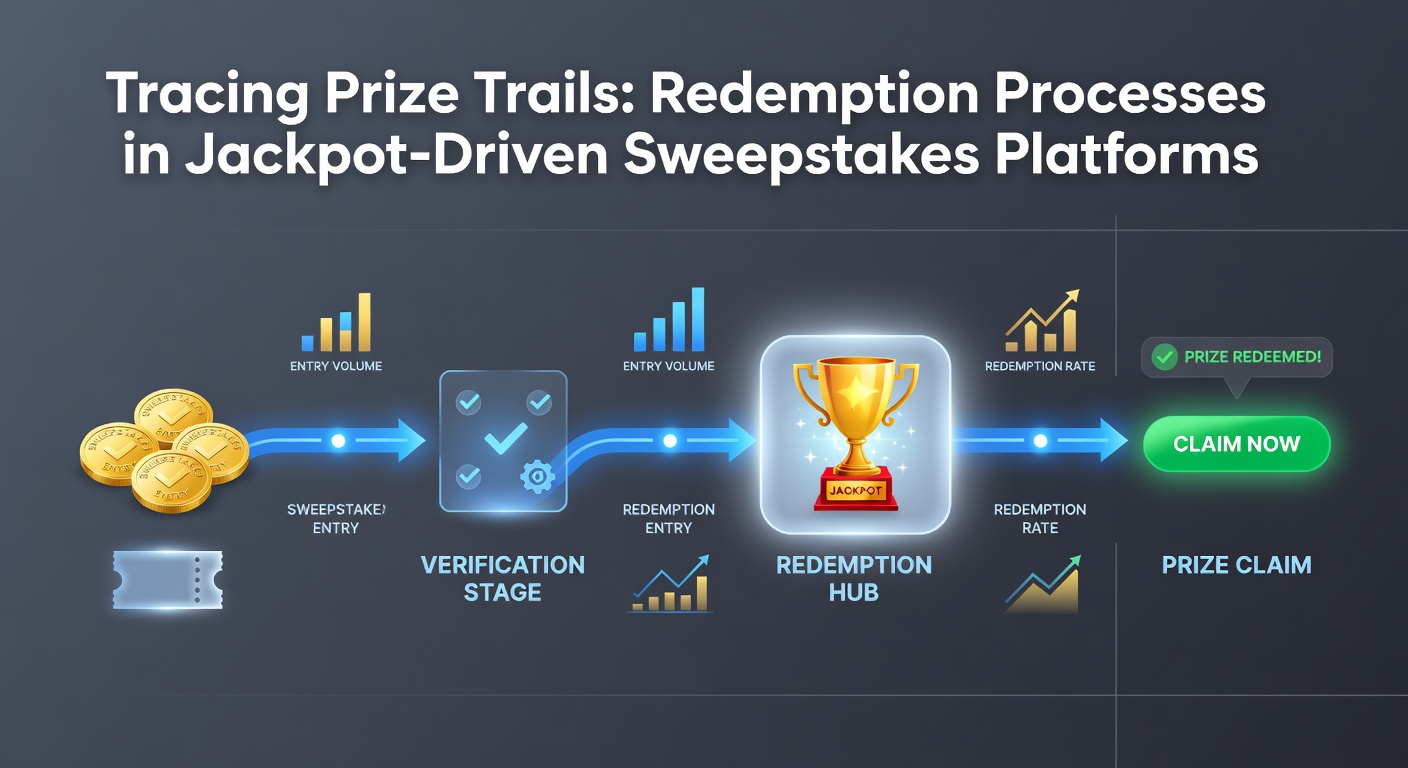 Digital visualization of a winding prize trail leading to a glowing jackpot redemption vault in a sweepstakes platform interface