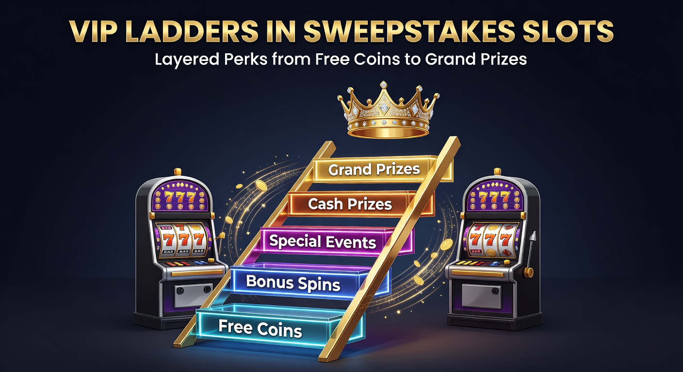Visual representation of a multi-tiered VIP ladder in sweepstakes slots, climbing from bronze level free coins to diamond grand prize jackpots