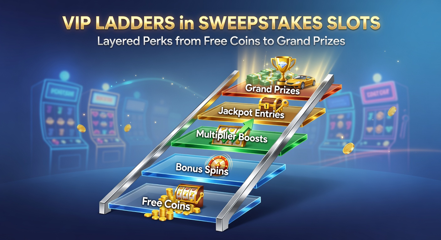 Screenshot of a sweepstakes slots VIP dashboard displaying tier progress, perk icons from free coins to luxury prize entries, and a climbing ladder graphic