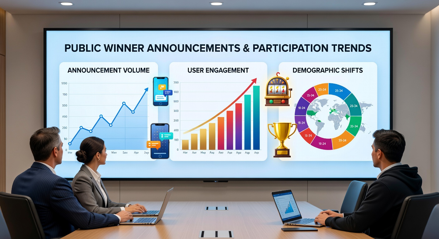 Infographic showing participation trends and winner distribution across different casino-inspired mobile games and regions